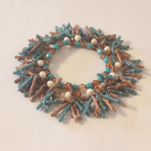 678 Blue and Brown "Branches" Cream Beaded Cha‎ Cha Bracelet - Picture 3 of 4